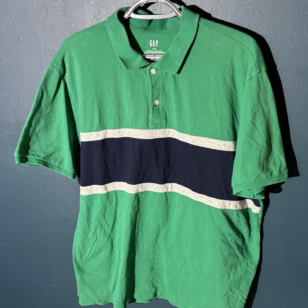 GAP Men's Polo in Green with Navy and White Stripes